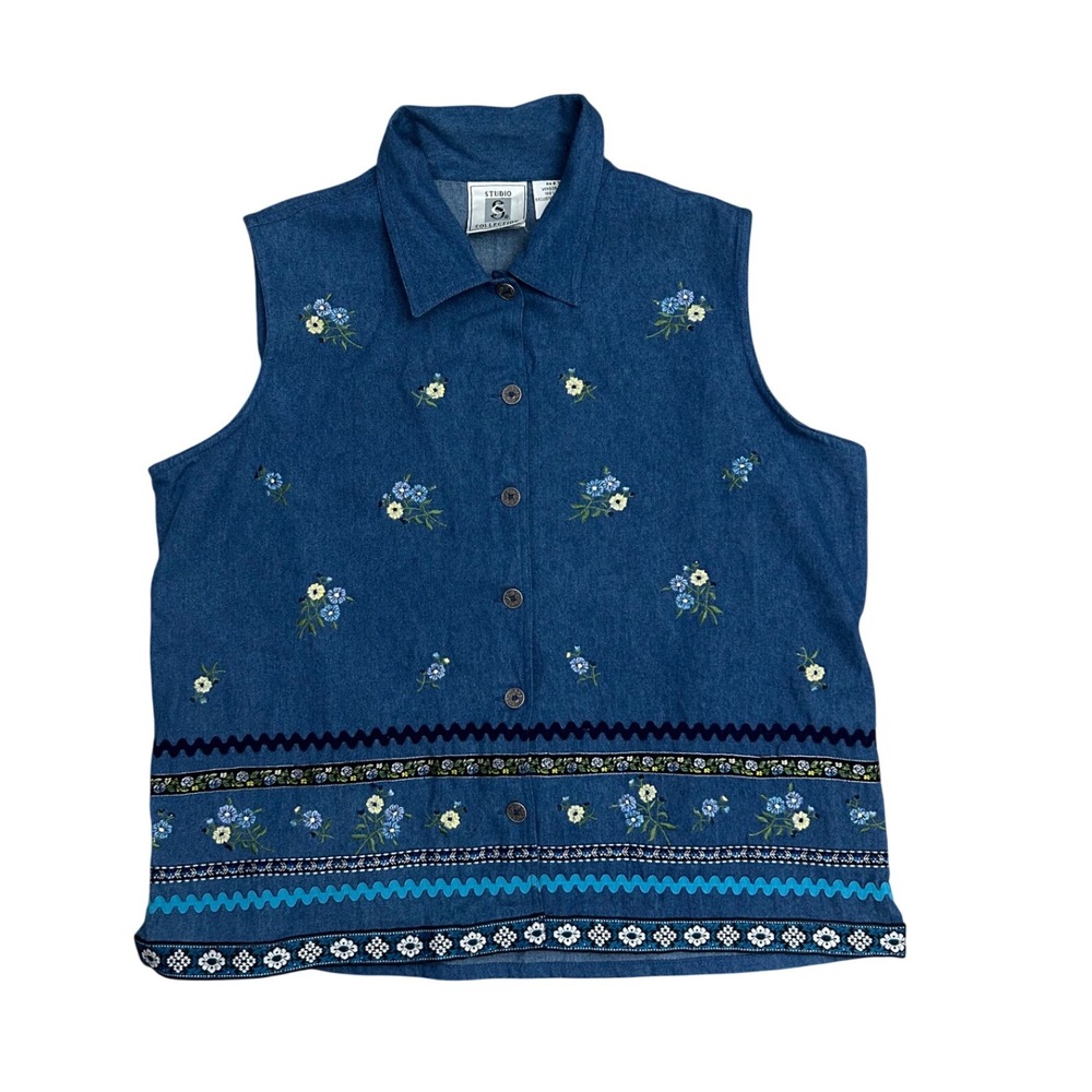 Vintage Denim Vest Embroidered Floral Blue Cotton‎ Women L Western boho granny